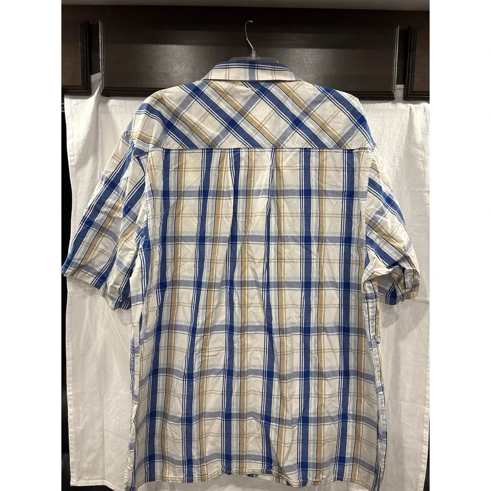 South Pole Men's XL Blue Tan Plaid Button Up Shirt Short Sleeve 100% Cotton Y2K